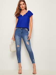 SHEIN Clasi Double V Neck Scallop Edge Top - Blue - View 3