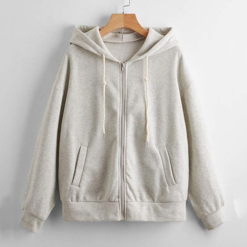 

Drop Shoulder Zip Up Hooded Sweatshirt, Light grey