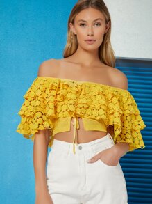Ji Yeon Lee Off Shoulder Ruffle Trim Lace Top - Yellow - View 1
