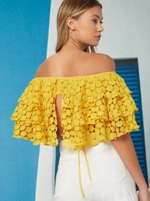 Ji Yeon Lee Off Shoulder Ruffle Trim Lace Top - Yellow - View 2