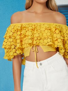 Ji Yeon Lee Off Shoulder Ruffle Trim Lace Top - Yellow - View 4