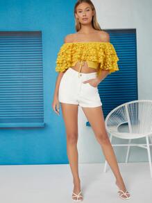 Ji Yeon Lee Off Shoulder Ruffle Trim Lace Top - Yellow - View 5