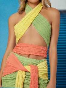Ji Yeon Lee Tie Front Cutout Colorblock Halter Dress - Multicolor - View 3