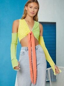 Ji Yeon Lee Colourblock Knotted Bust Open-Shoulder Crop Top - Multicolor - View 1