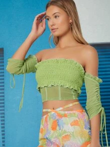 Ji Yeon Lee Top corto Smocked de hombros descubiertos fruncido con cordón - verde menta - Ver 3
