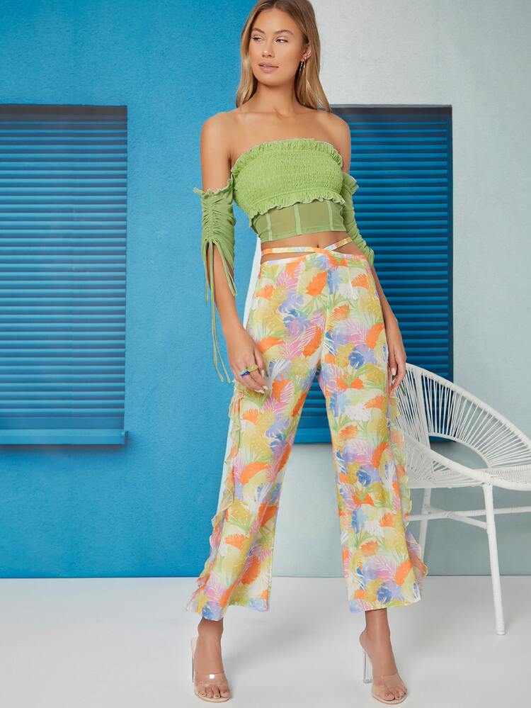 Ji Yeon Lee Smocked Off-the-Shoulder Ruched Drawstring Crop Top - Mint Green - View 5