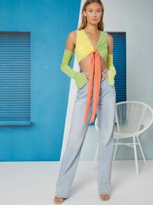 Ji Yeon Lee Colourblock Knotted Bust Open-Shoulder Crop Top - Multicolor - View 5