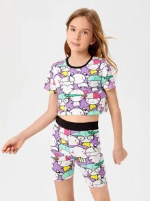 DAYDREAMS AND ICE CREAMS 女孩卡通圖案T恤和騎行褲套裝 - 彩色 - 查看 4