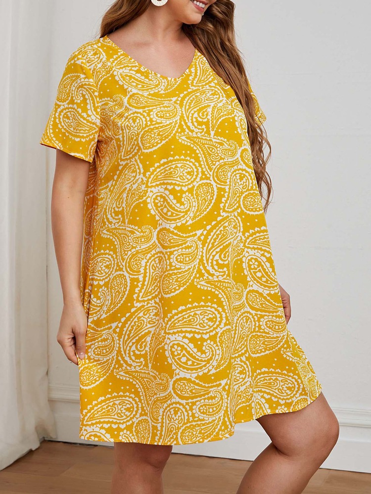 Đầm Plus Size Paisley Tất cả trên in Boho - Màu vàng - Xem 1