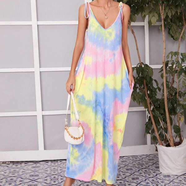

Tie Dye Knot Shoulder Slant Pocket Slip Dress, Multicolor