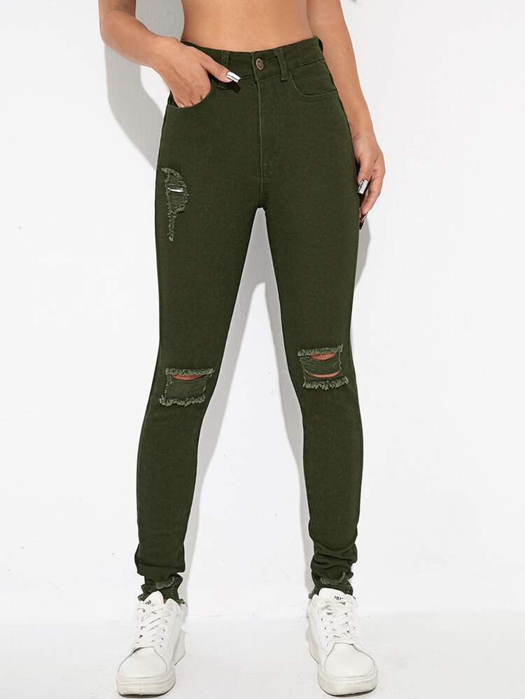High Stretch Raw Hem Ripped Skinny Jeans - Army Green - View 4
