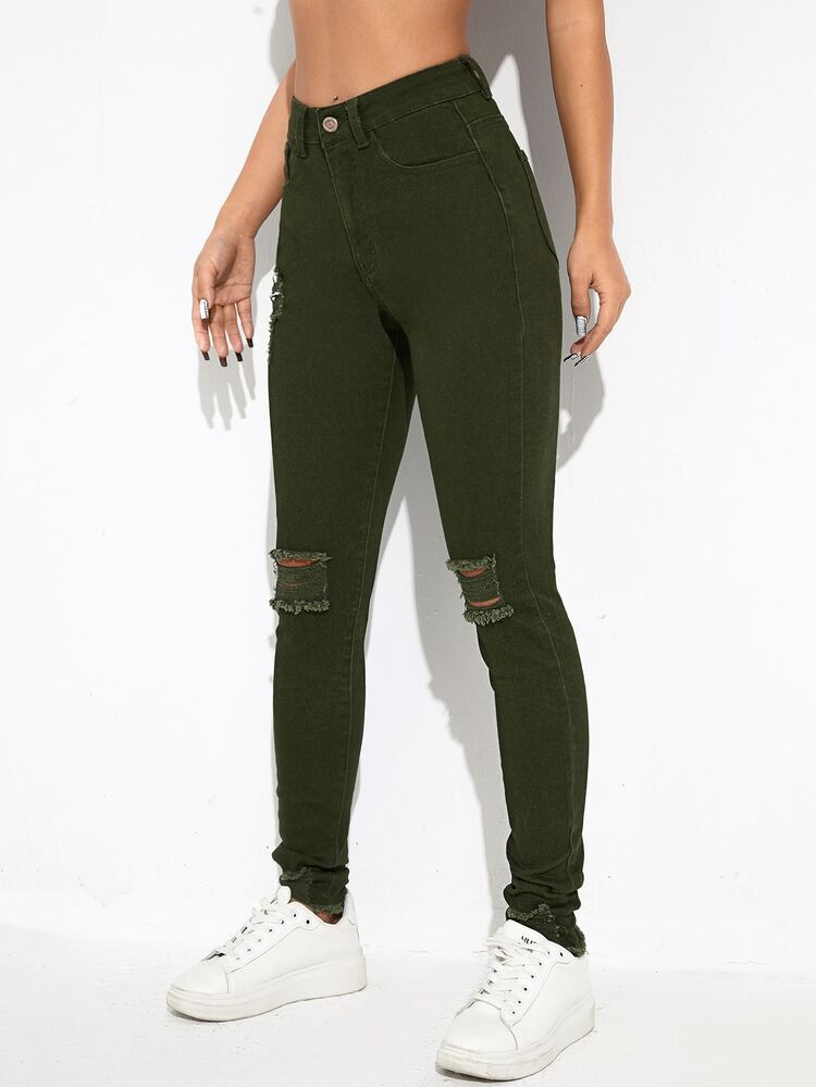High Stretch Raw Hem Ripped Skinny Jeans - Army Green - View 5