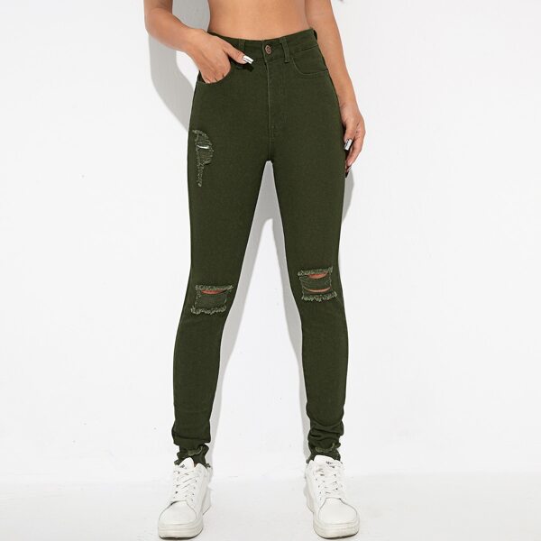 

High Stretch Raw Hem Ripped Skinny Jeans, Army green