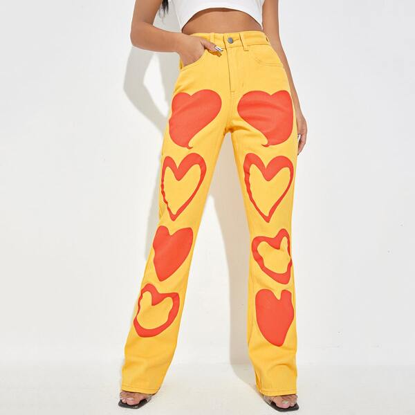 

High Waist Heart Print Straight Jeans, Yellow