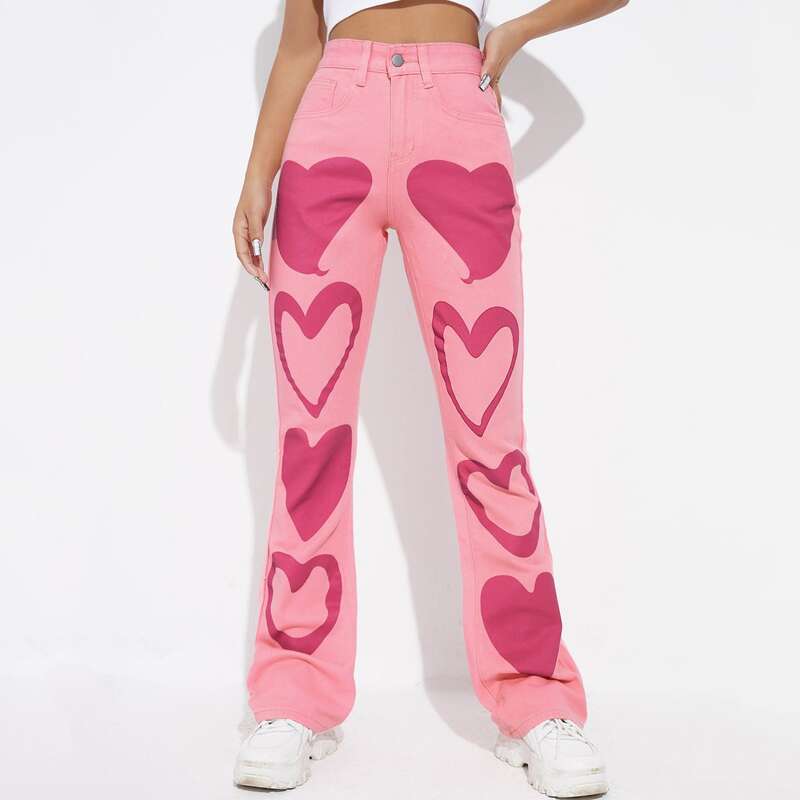

High Waist Heart Print Straight Jeans, Pink