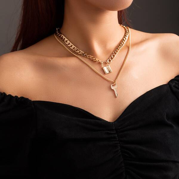 

Lock Charm Layered Necklace, Gold