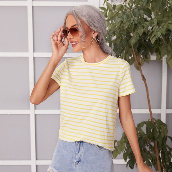 

Striped Print Curved Hem Tee, Yellow