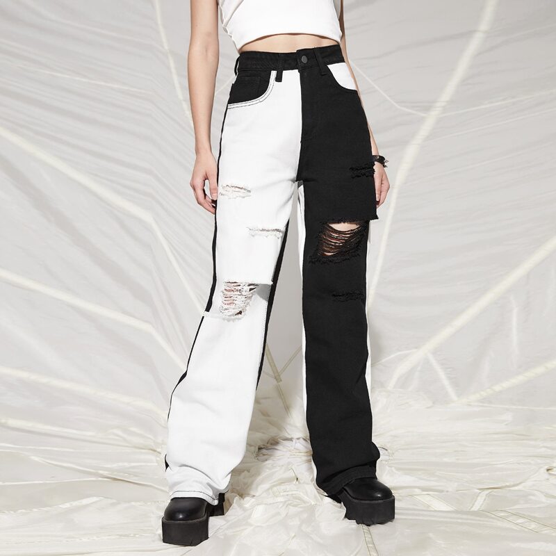 

High Waist Ripped Color Block Wide Leg Jeans, Black and white