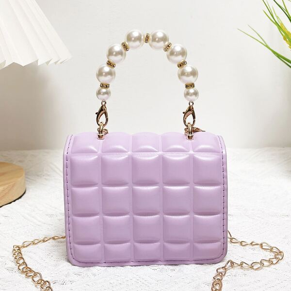 

Girls Geometric Graphic Faux Pearl Decor Chain Square Bag, Purple