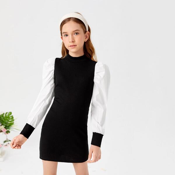 

Girls Colorblock Mock Neck Puff Sleeve Dress, Black