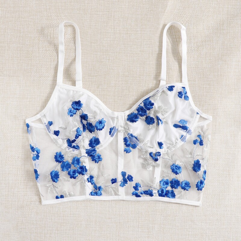 

Floral Embroidery Mesh Bra, Blue and white