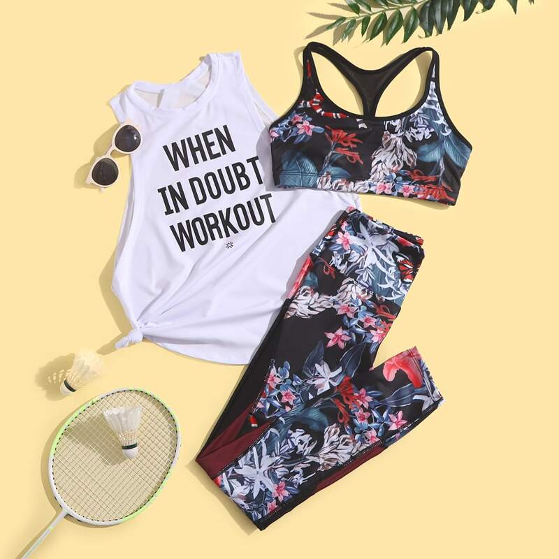 

3pcs Slogan & Floral Print Sports Set, Multicolor