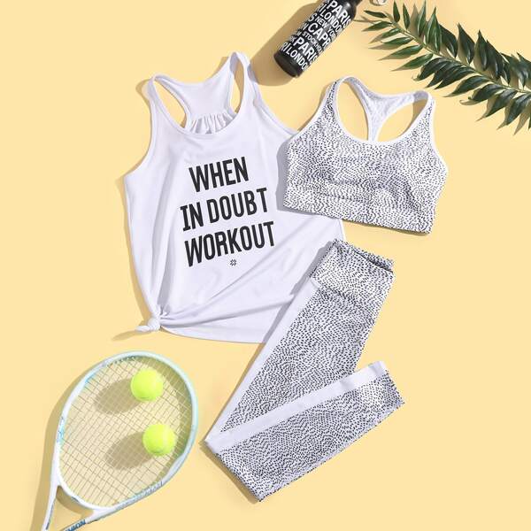 

3pcs Sports Bra & Slogan Graphic Tank Top & Leggings, Multicolor