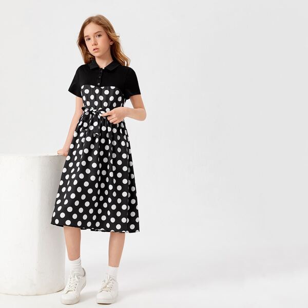 

Girls Polka Dot Belted Shirt Dress, Black and white