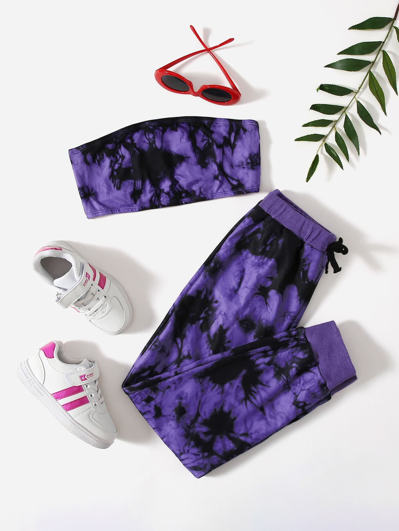 SHEIN Niñas Conjunto Top corto tubo de tie dye & Pantalones deportivos - Multicolor - Ver 1