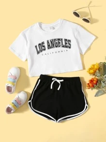 SHEIN Tween Girl Letter Graphic Crop Top & Contrast Binding Shorts - Black and White - View 1