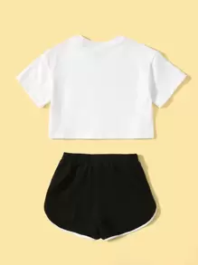 SHEIN Tween Girl Letter Graphic Crop Top & Contrast Binding Shorts - Black and White - View 2