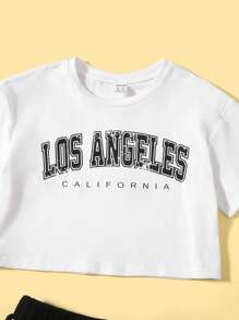 SHEIN Tween Girl Letter Graphic Crop Top & Contrast Binding Shorts - Black and White - View 3