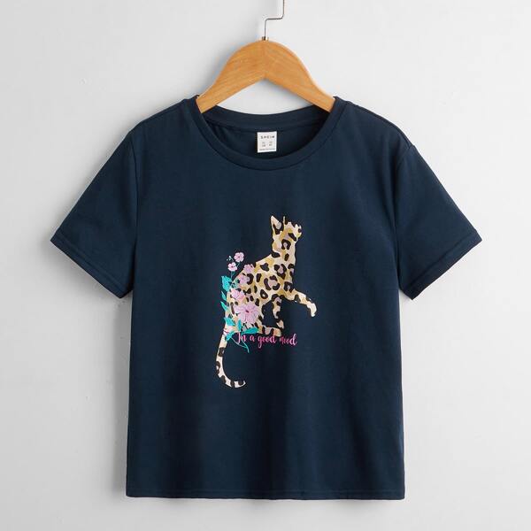 

Girls Floral & Slogan Graphic Tee, Navy blue