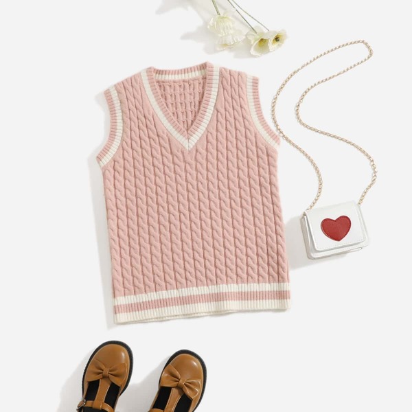 

Girls Cable Knit Striped Trim Sweater Vest, Baby pink
