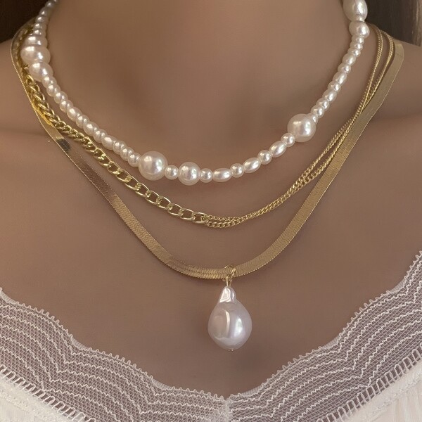 

3pcs Faux Pearl Decor Necklace, Multicolor