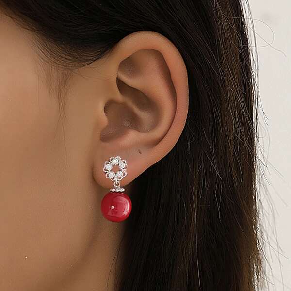 

Round Ball Drop Earrings, Red