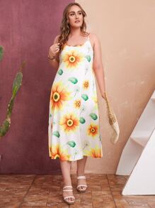 Vestido de tirantes con estampado de girasol - Blanco - Ver 1
