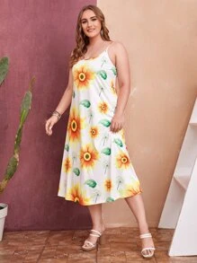 Vestido de tirantes con estampado de girasol - Blanco - Ver 5