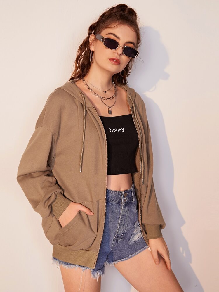 drop shoulder zip up drawstring moletom com capuz shein