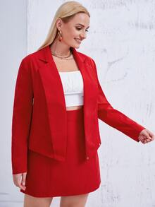 SHEIN X Sadaf Plus Solid Lapel Neck Blazer - Red - View 3