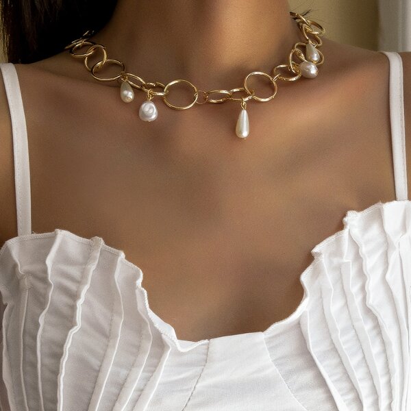 

Faux Pearl Charm Chain Necklace, Gold