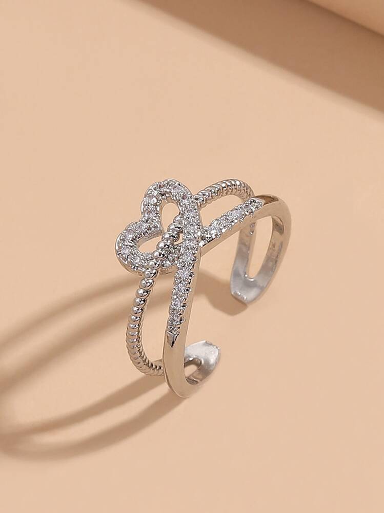 Rhinestone Heart Decor Ring - Silver - View 1