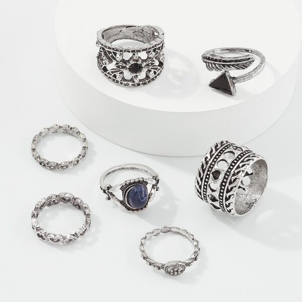 

7pcs Stone Decor Ring, Silver