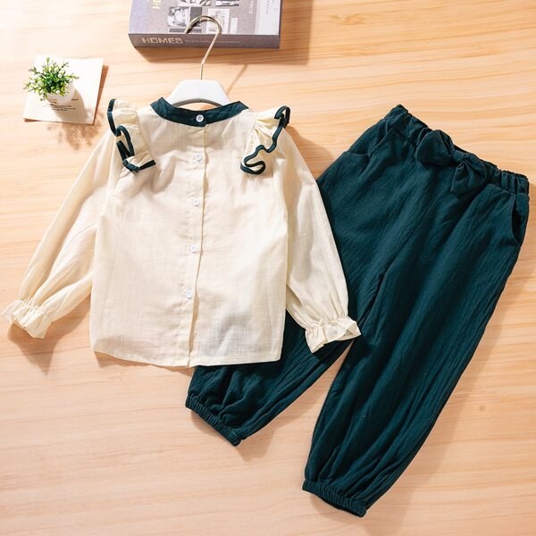 

Toddler Girls Bow Front Ruffle Trim Top & Pants, Multicolor