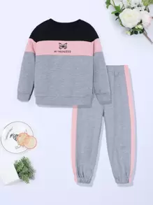 SHEIN Toddler Girls Butterfly And Letter Graphic Colour Block Pullover & Joggers - Multicolor - View 1
