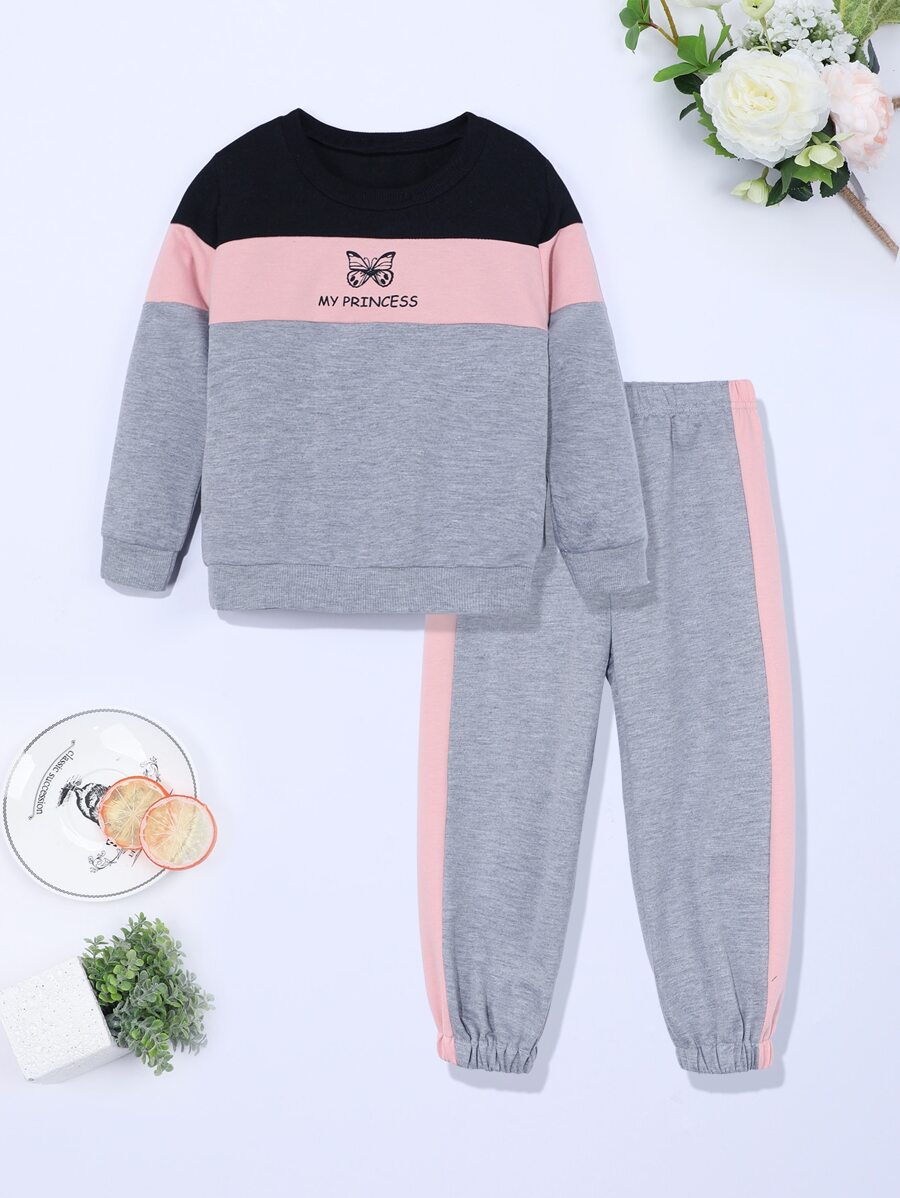 SHEIN Toddler Girls Butterfly And Letter Graphic Colour Block Pullover & Joggers - Multicolor - View 1