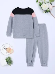 SHEIN Toddler Girls Butterfly And Letter Graphic Colour Block Pullover & Joggers - Multicolor - View 2