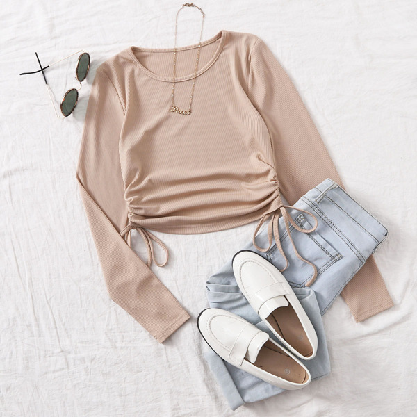 

Solid Drawstring Hem Tee, Apricot