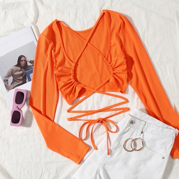 

Drawstring Lace Up Front Crop Tee, Orange