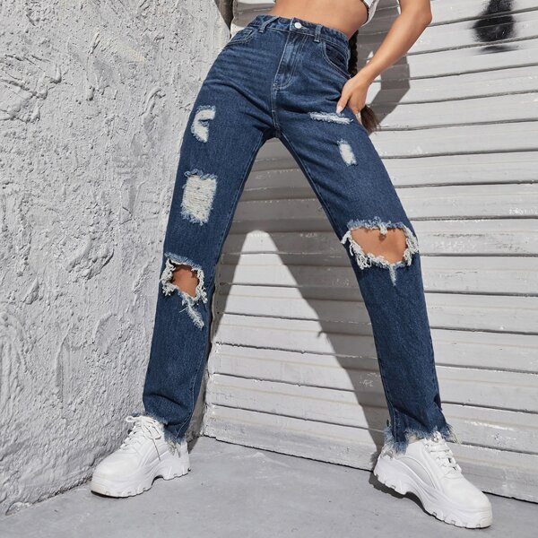 

Ripped Raw Hem Mom Jeans, Dark wash